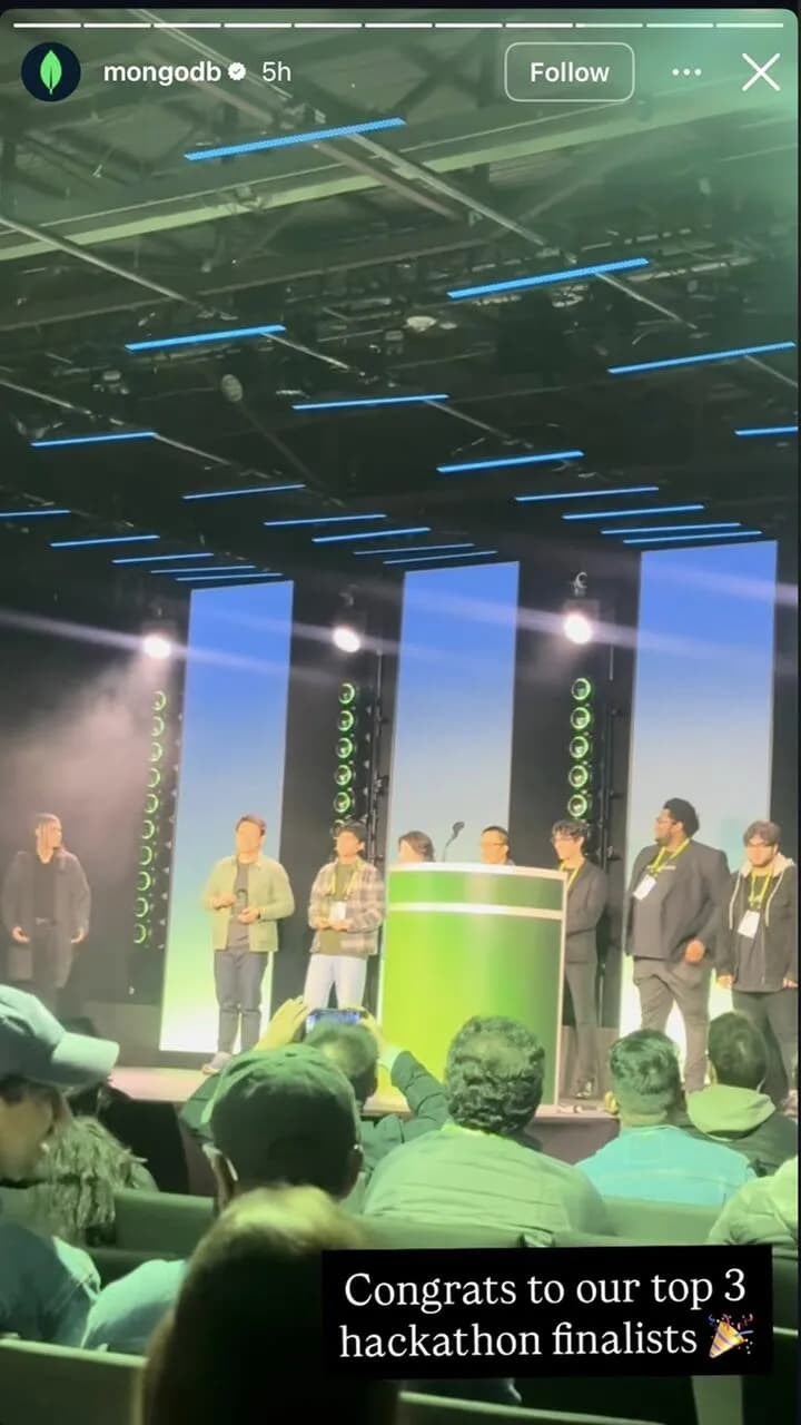 JustPrice on stage among the top three finalists at the MongoDB Agentic Orchestration Hackathon