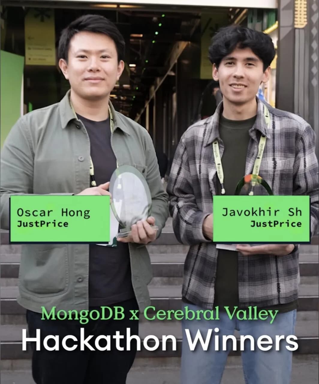 Oscar Hong and Javokhir Shomuratov holding their trophies as MongoDB x Cerebral Valley hackathon winners with JustPrice