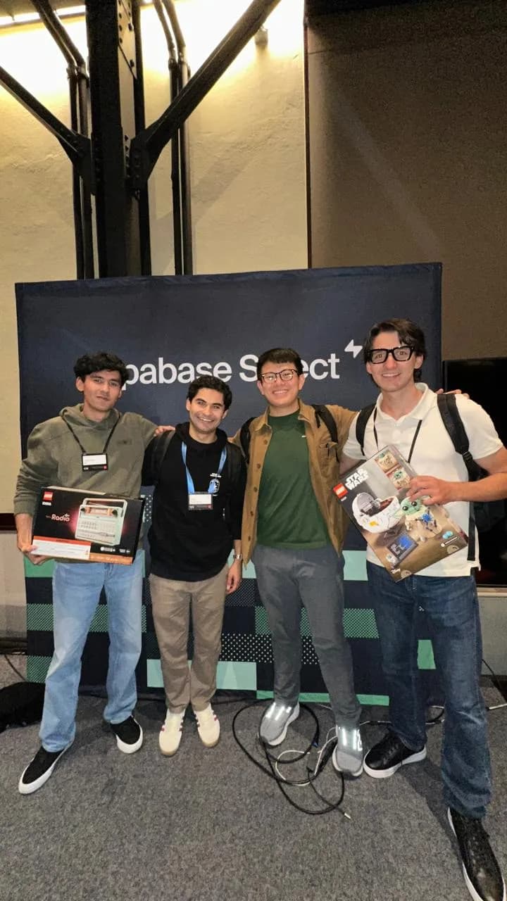 Javokhir Shomuratov with teammates Mark Morgan and Oscar Hong, and Maxi Rodriguez of Datadog, after winning the Datadog track at Supabase Select 2025