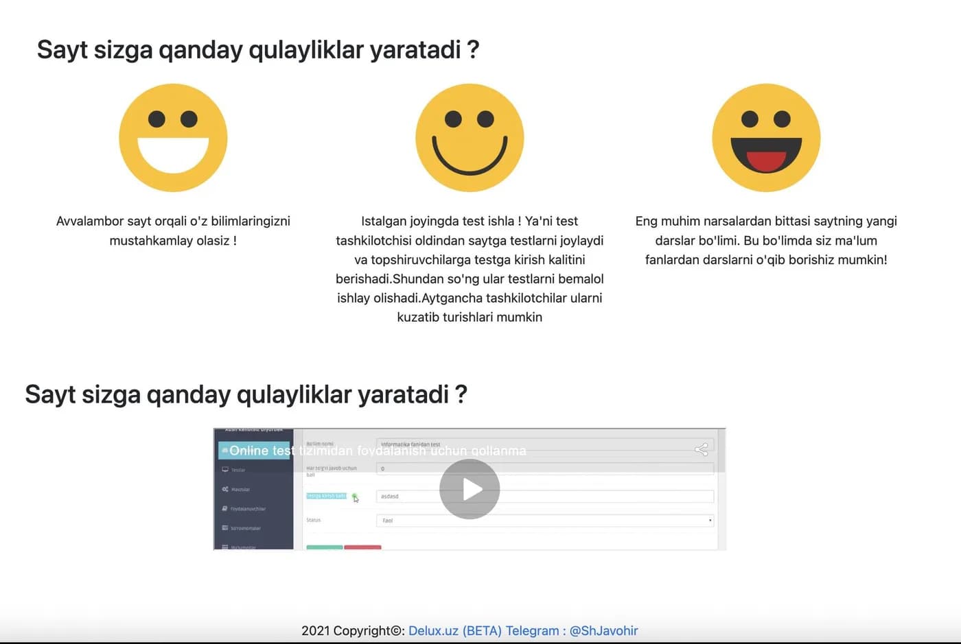 Delux.uz features section explaining how the platform works