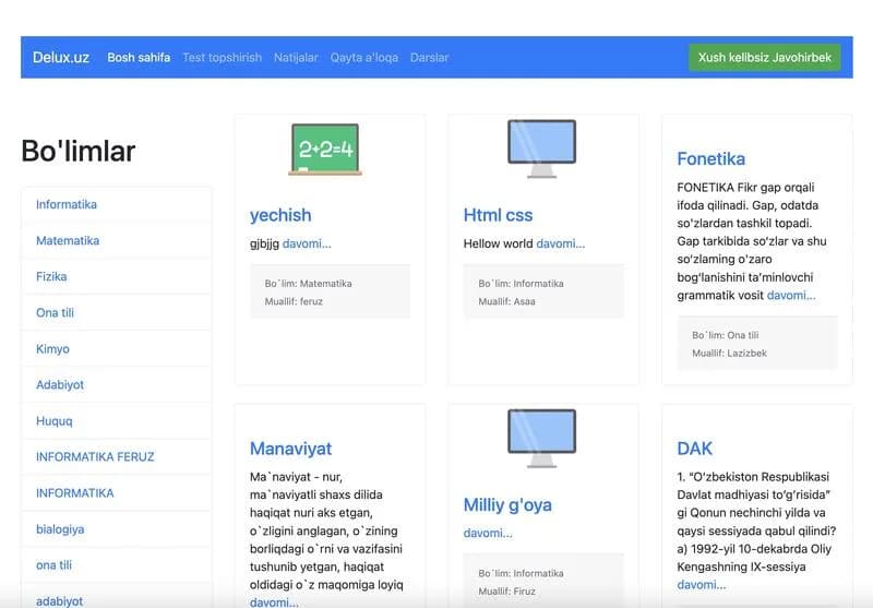 Delux.uz lessons section grouped by subject
