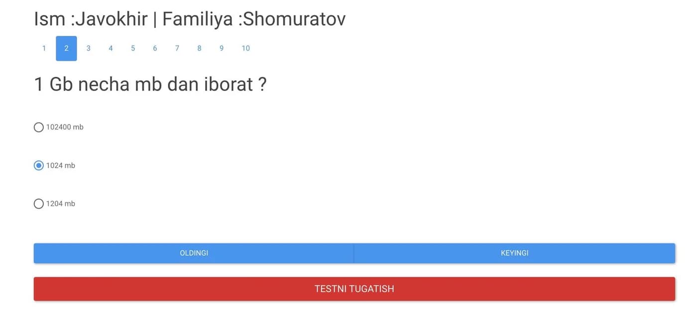 Taking a quiz on Delux.uz, one question at a time