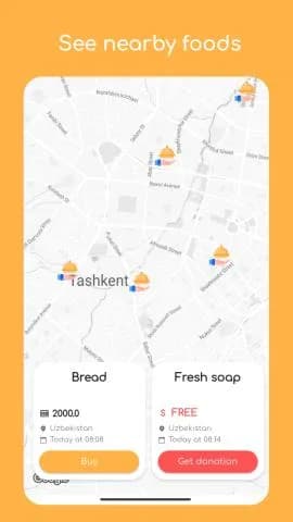 Don't waste app showing nearby surplus food on a map of Tashkent