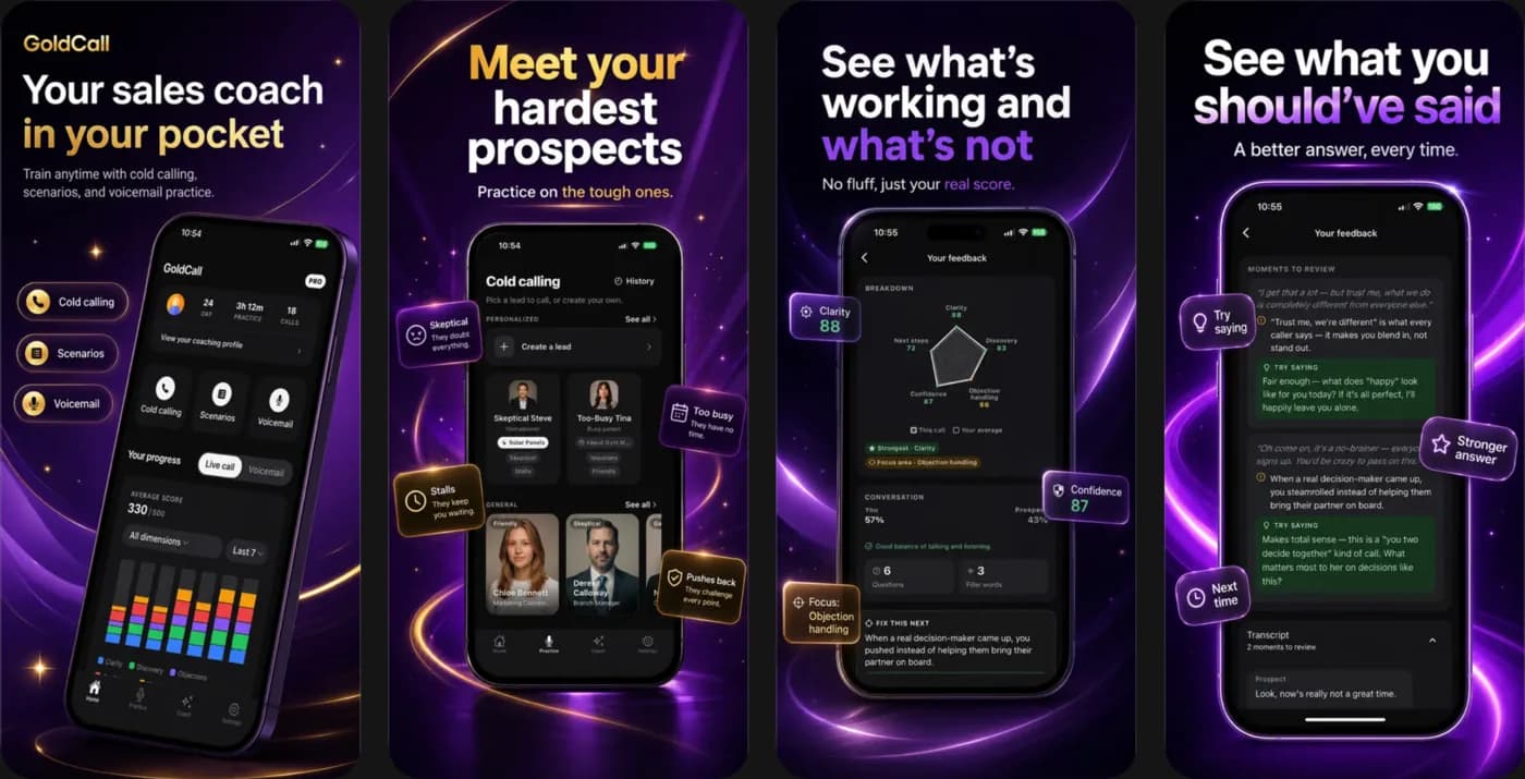 GoldCall App Store screenshots showing the home screen, AI leads to cold call, a scored call breakdown, and feedback with better lines to say