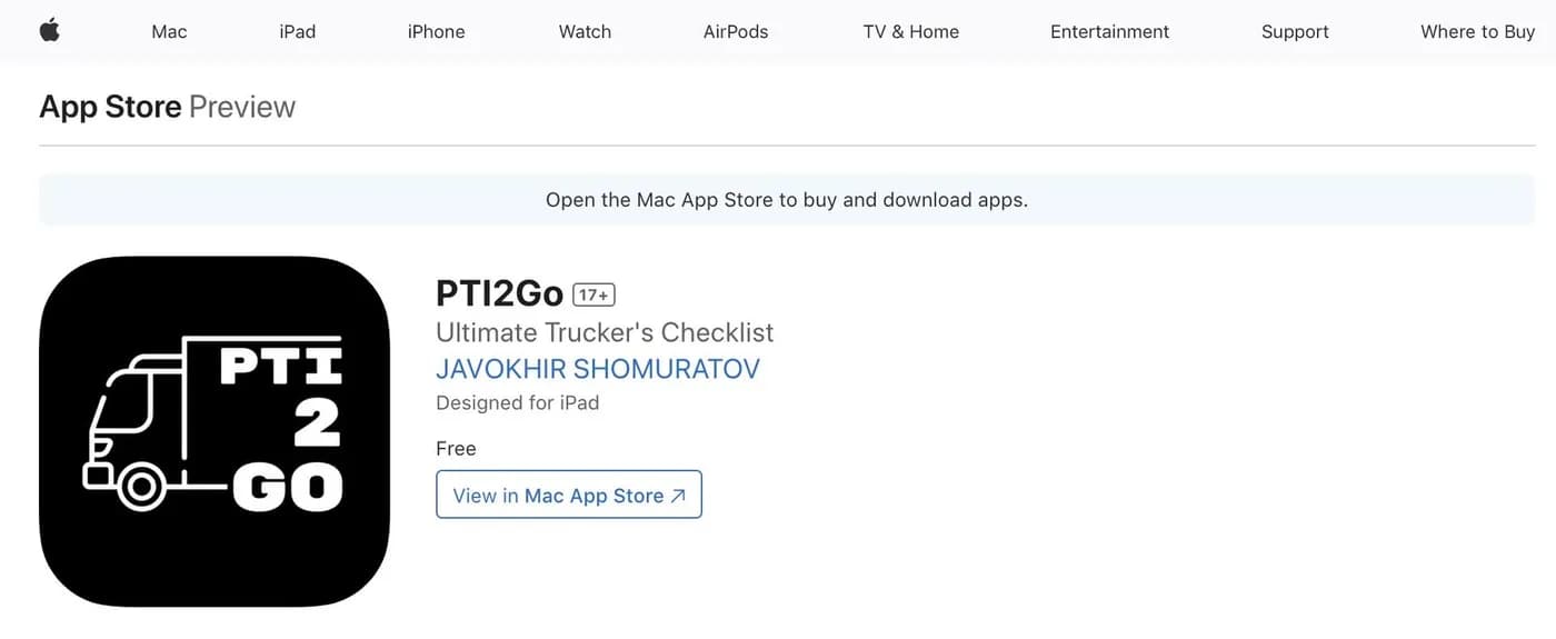 PTI2Go listing on the App Store