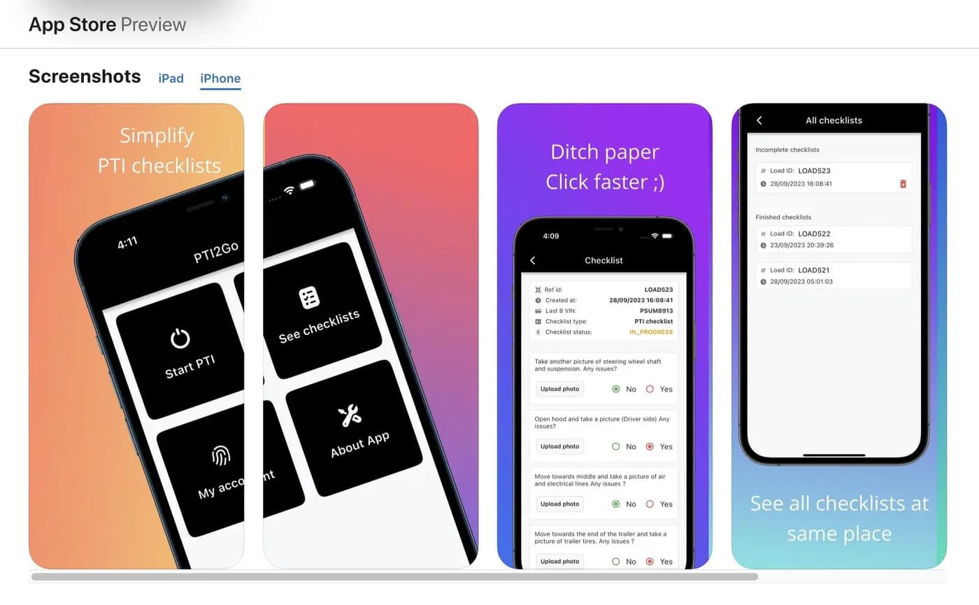 PTI2Go App Store screenshots showing the home screen and a pre-trip inspection checklist
