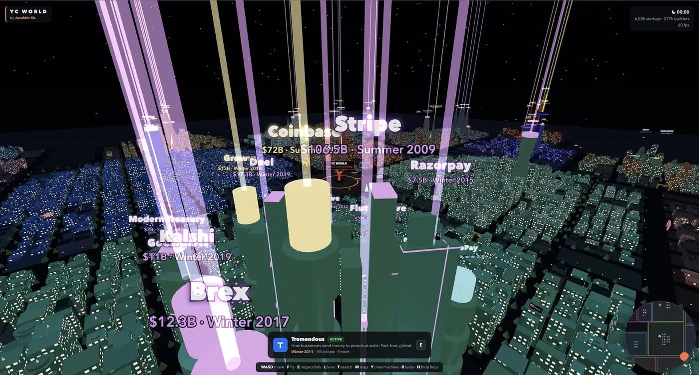 YC World at night, with beams of light marking unicorns like Stripe, Coinbase and Brex